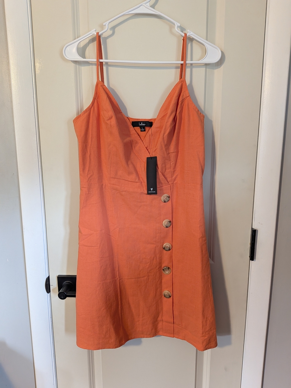 Lulu's Orange Button-Accent Spaghetti Strap Mini Dress